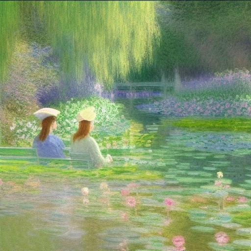 13703-1643643296-2 women seated in monet garden overlooking a lake with mountain background, diffuse lighting, fantasy, intricate elegant highl.webp